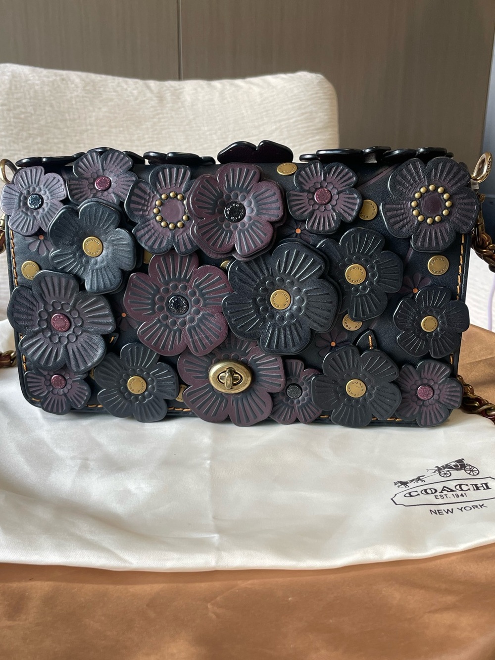 Coach 1941 Tea Rose Dinky Floral Appliqué Crossbody in Black and Plum